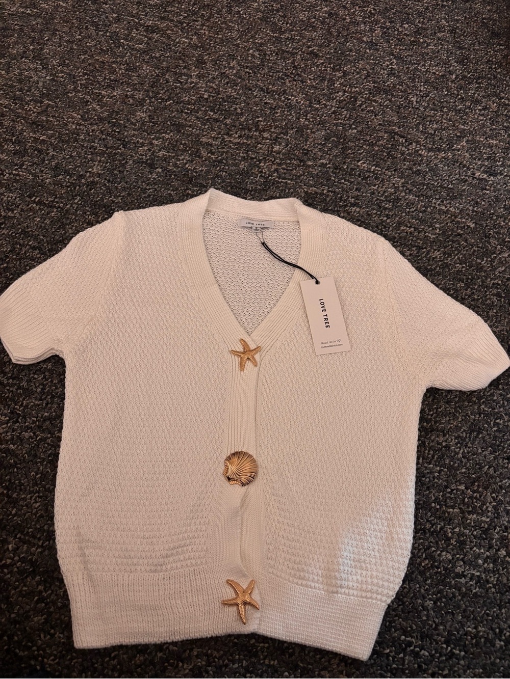 Love Tree Cream Short-Sleeve Knit Cardigan with Gold Shell Buttons